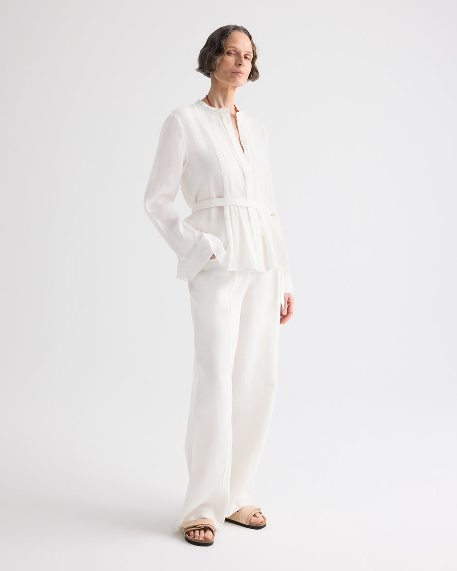 TWP White Pleated Poet Blouse in Delave Linen view 4