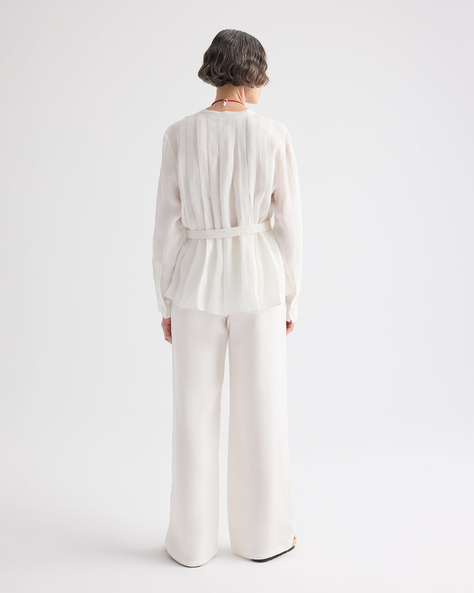 TWP White Pleated Poet Blouse in Delave Linen view 5