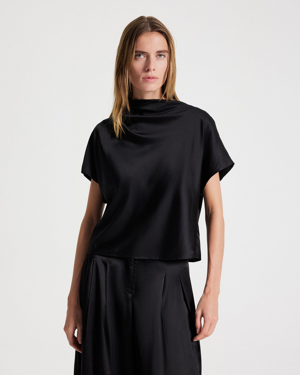 TWP Black Mock Neck Tee in Washed Silk Charmeuse view 2