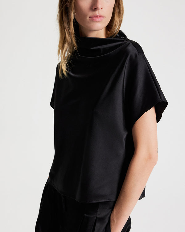 TWP Black Mock Neck Tee in Washed Silk Charmeuse view 1