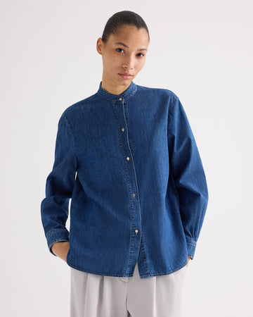 TWP Paris Tied Down Top in Denim Shirting view 2