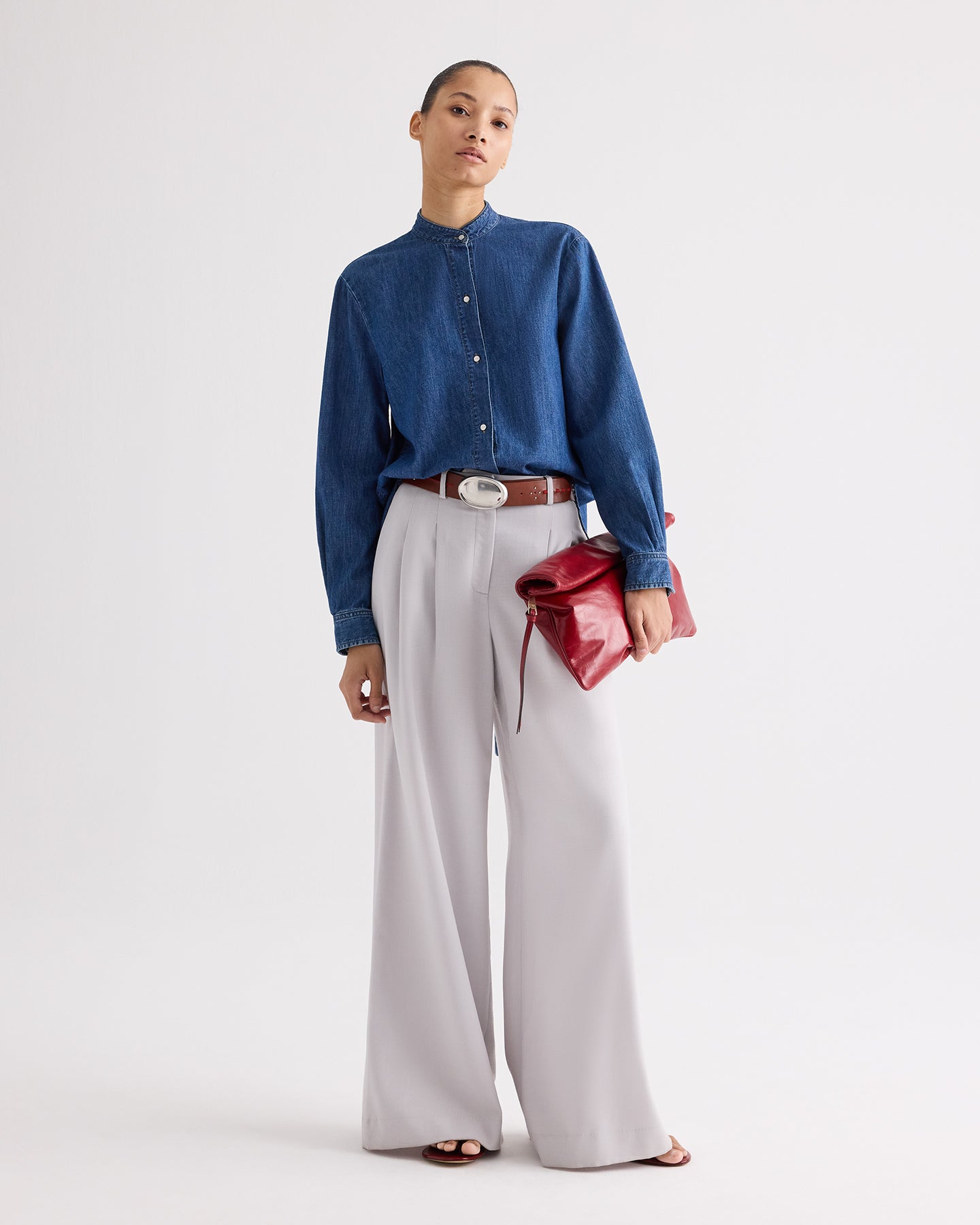 TWP Paris Tied Down Top in Denim Shirting view 3