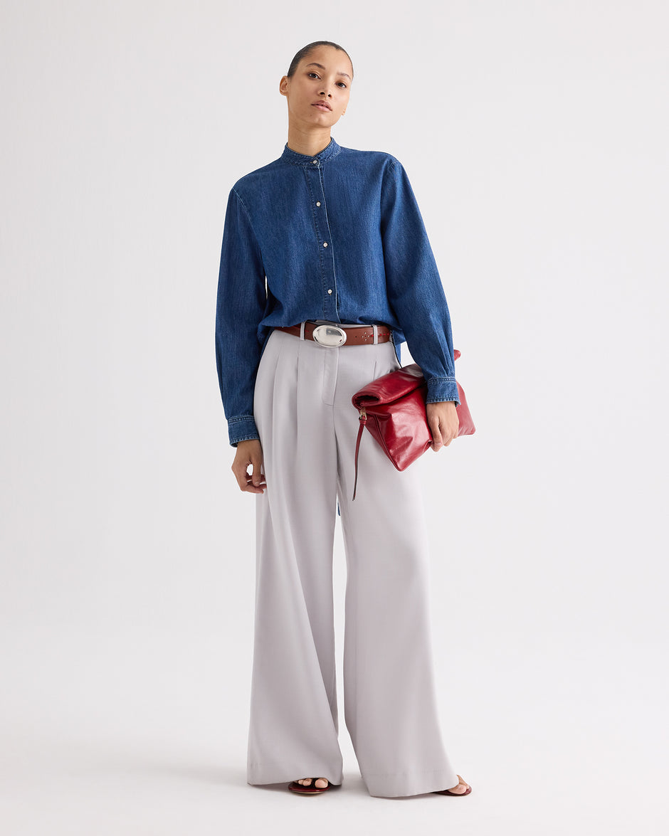 TWP Paris Tied Down Top in Denim Shirting view 3