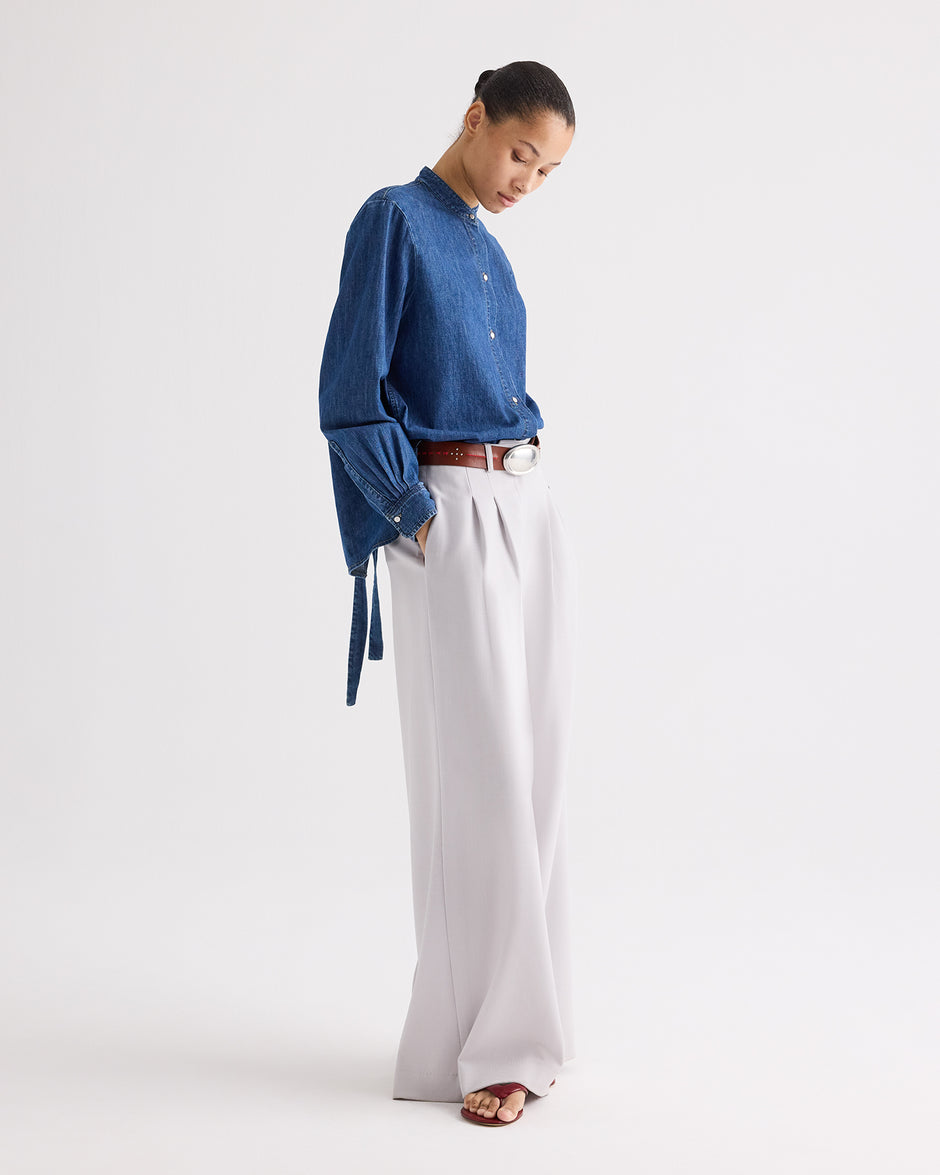 TWP Paris Tied Down Top in Denim Shirting view 4