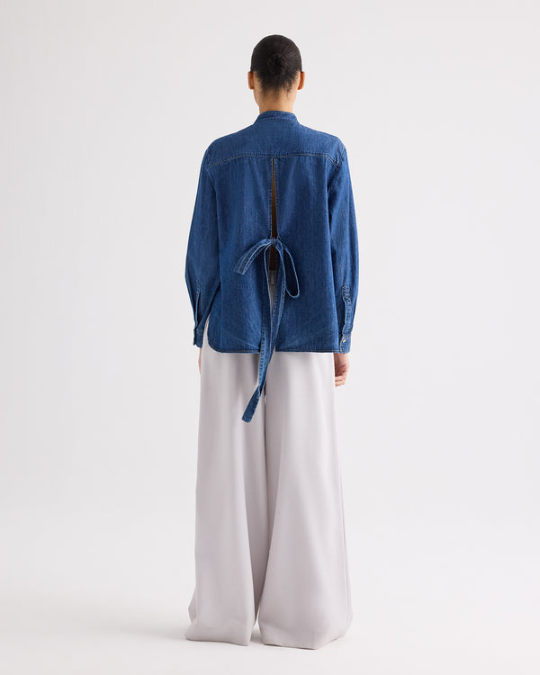 TWP Paris Tied Down Top in Denim Shirting view 6
