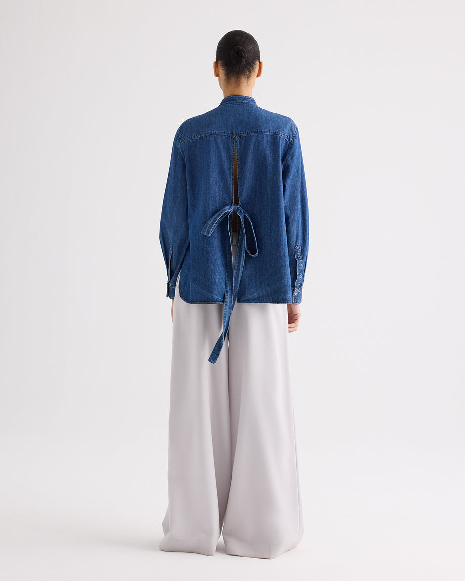 TWP Paris Tied Down Top in Denim Shirting view 6
