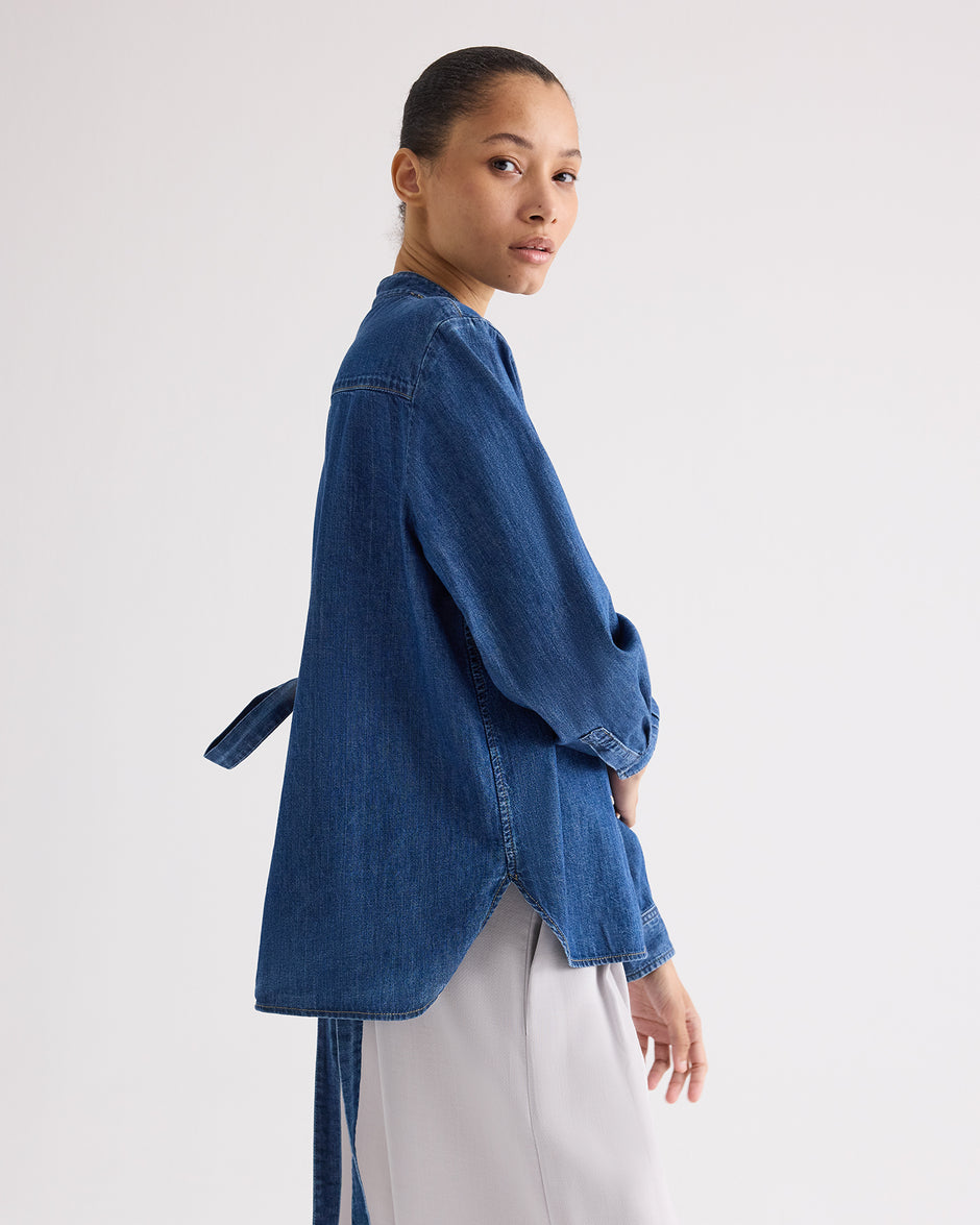 TWP Paris Tied Down Top in Denim Shirting view 5