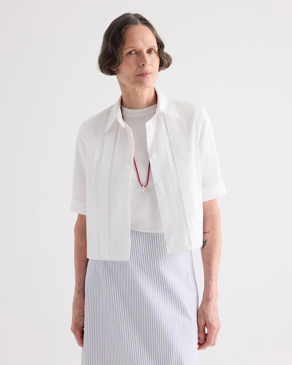 TWP White Short Lived Shirt with Pleated Placket in Super Compact Poplin view 1