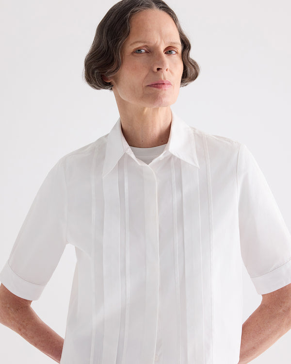 TWP Women's Short Lived Shirt with Pleated Placket in Super Compact Poplin - White