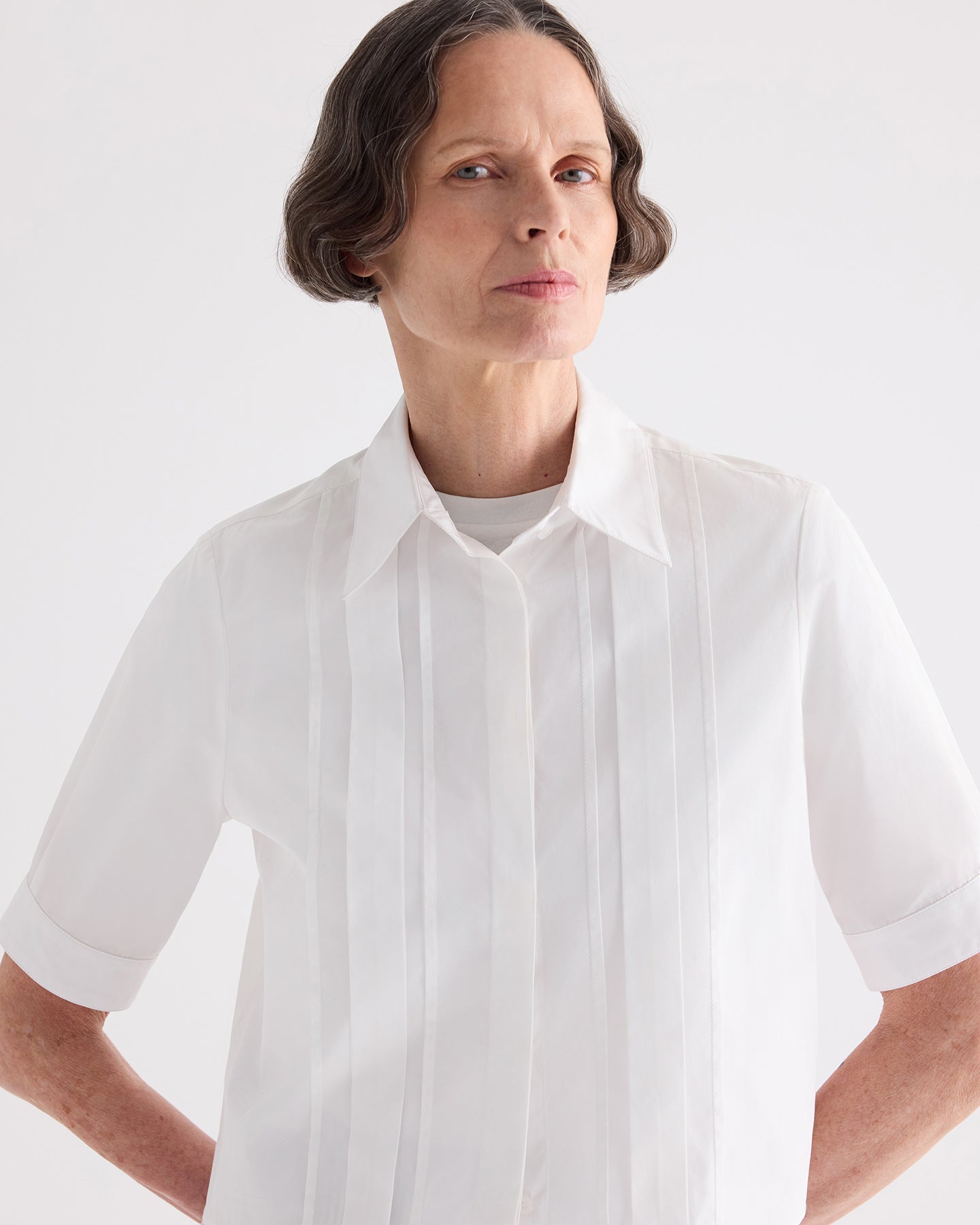 TWP White Short Lived Shirt with Pleated Placket in Super Compact Poplin view 2
