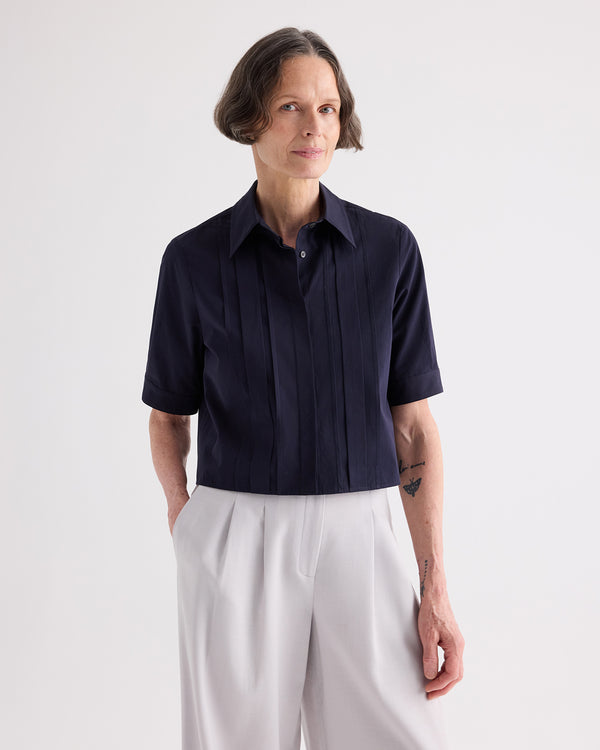 TWP Midnight Short Lived Shirt with Pleated Placket in Super Compact Poplin view 2