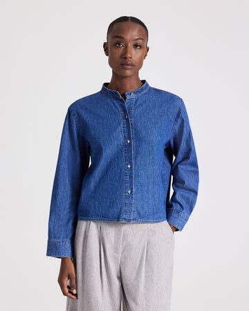TWP Paris Stand Collar Cut Off Shirt in Denim Shirting view 1