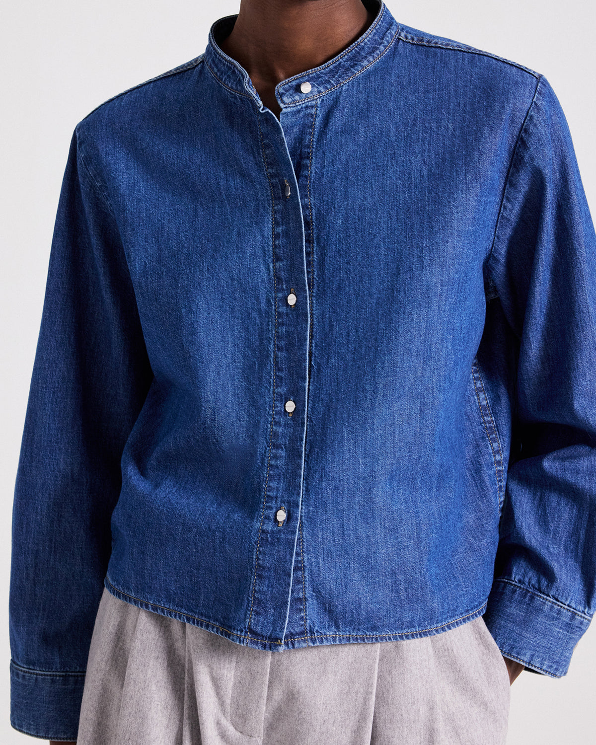 TWP Paris Stand Collar Cut Off Shirt in Denim Shirting view 2