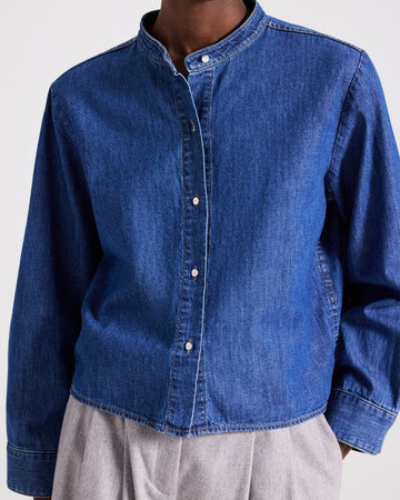 TWP Paris Stand Collar Cut Off Shirt in Denim Shirting view 2