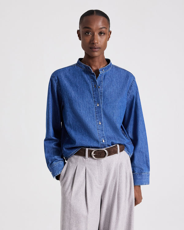 TWP Paris Stand Collar Cut Off Shirt in Denim Shirting view 3