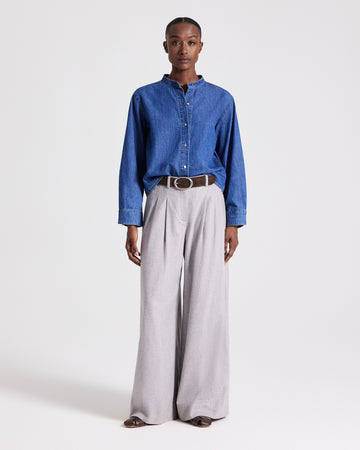 TWP Paris Stand Collar Cut Off Shirt in Denim Shirting view 4