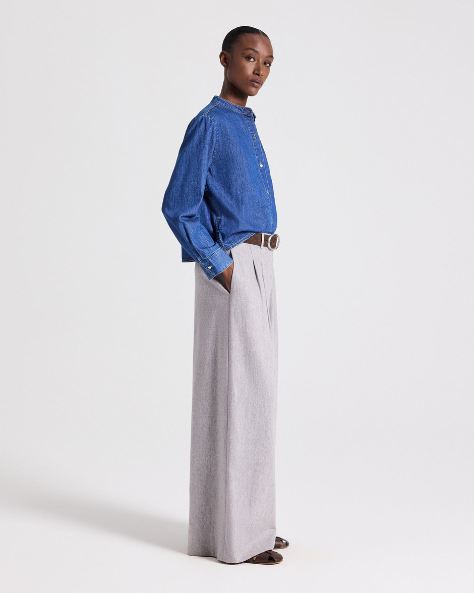 TWP Paris Stand Collar Cut Off Shirt in Denim Shirting view 5