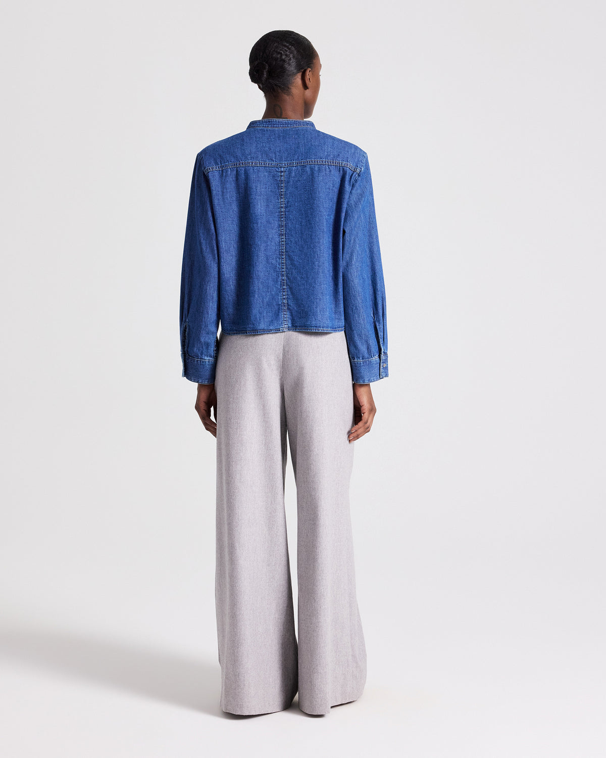 TWP Paris Stand Collar Cut Off Shirt in Denim Shirting view 6