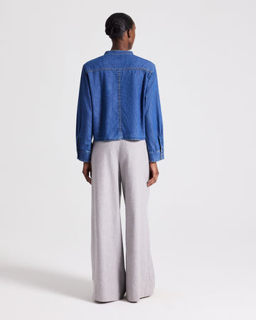 TWP Paris Stand Collar Cut Off Shirt in Denim Shirting view 6