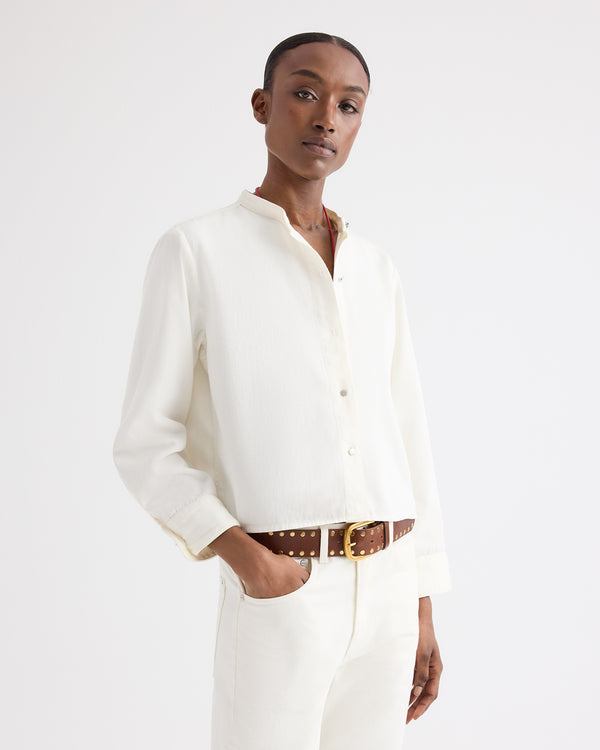 TWP White Stand Collar Cut Off Shirt in Japanese Denim view 1