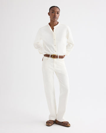 TWP White Stand Collar Cut Off Shirt in Japanese Denim view 4