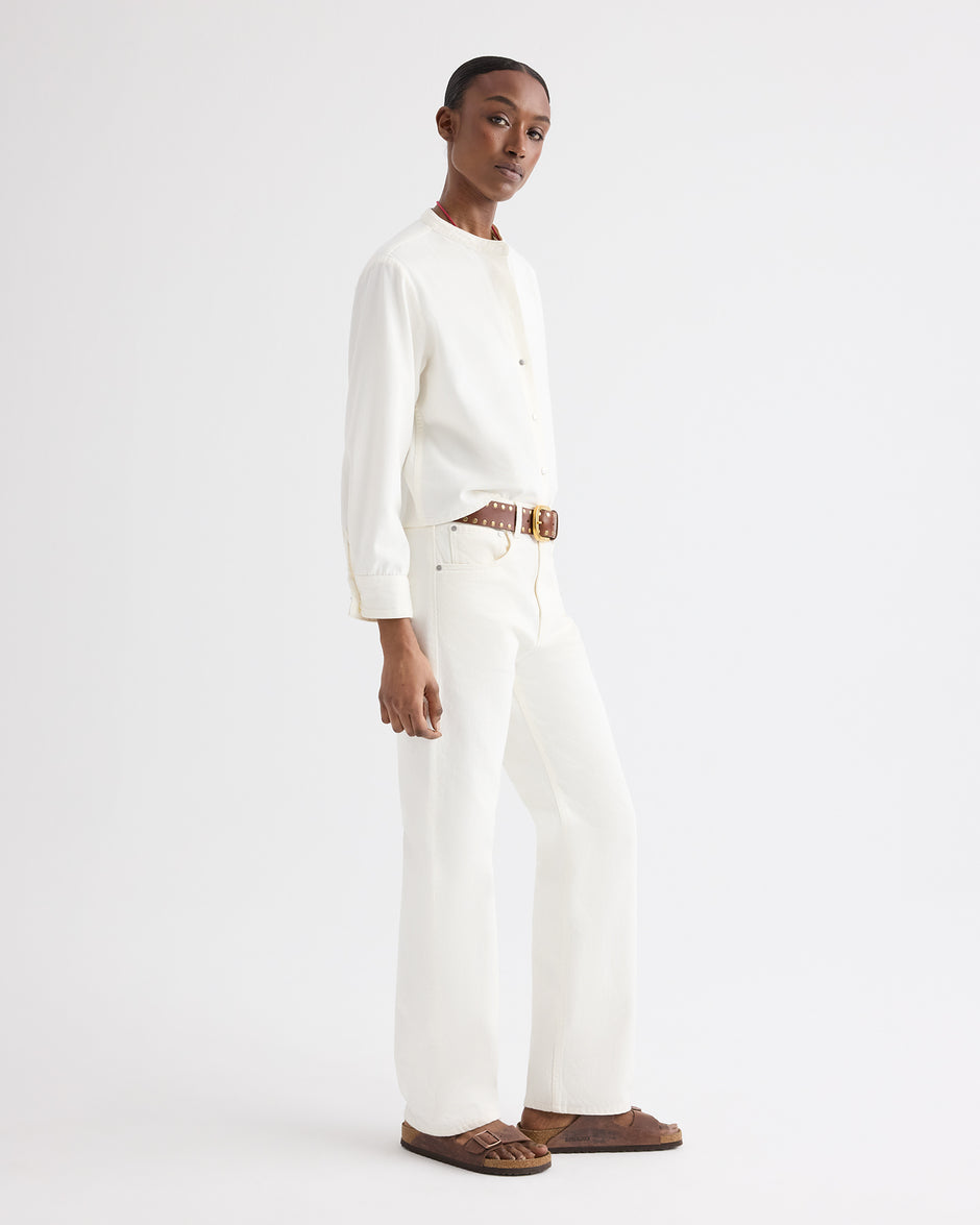 TWP White Stand Collar Cut Off Shirt in Japanese Denim view 3