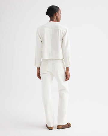 TWP White Stand Collar Cut Off Shirt in Japanese Denim view 5