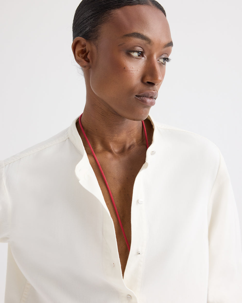 TWP White Stand Collar Cut Off Shirt in Japanese Denim view 2