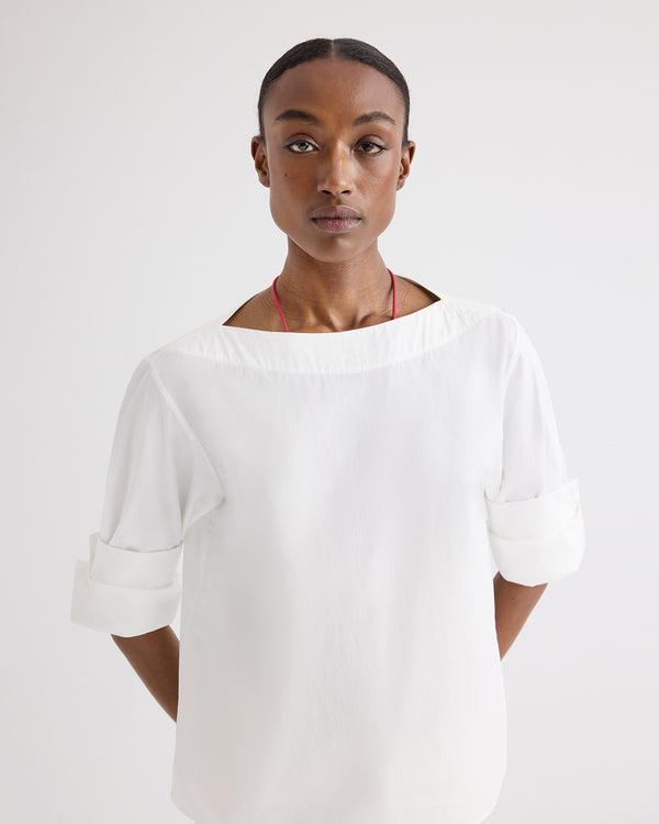 TWP White Boat Neck Top with Double Rolled Sleeve in Cotton Poplin view 1