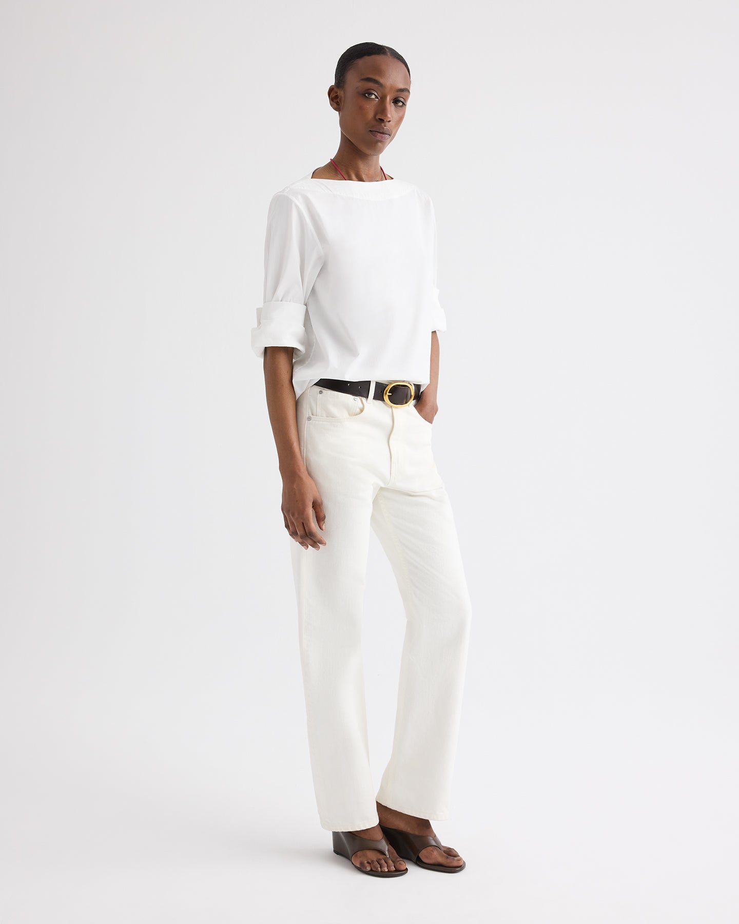 TWP White Boat Neck Top with Double Rolled Sleeve in Cotton Poplin view 4