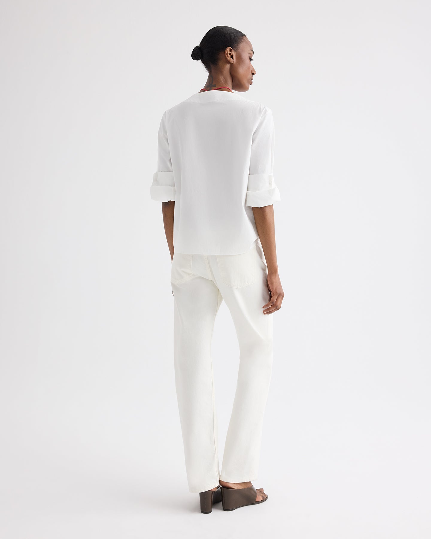 TWP White Boat Neck Top with Double Rolled Sleeve in Cotton Poplin view 5