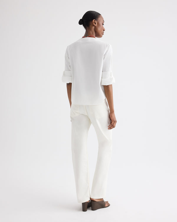 TWP White Boat Neck Top with Double Rolled Sleeve in Cotton Poplin view 5