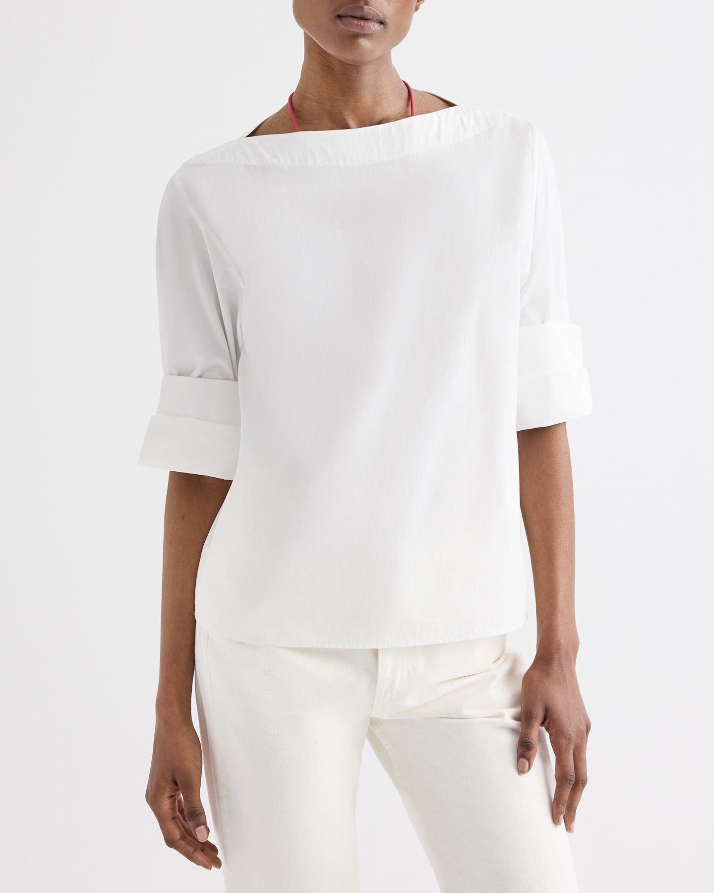 TWP White Boat Neck Top with Double Rolled Sleeve in Cotton Poplin view 2