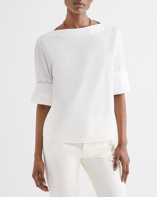 TWP White Boat Neck Top with Double Rolled Sleeve in Cotton Poplin view 2