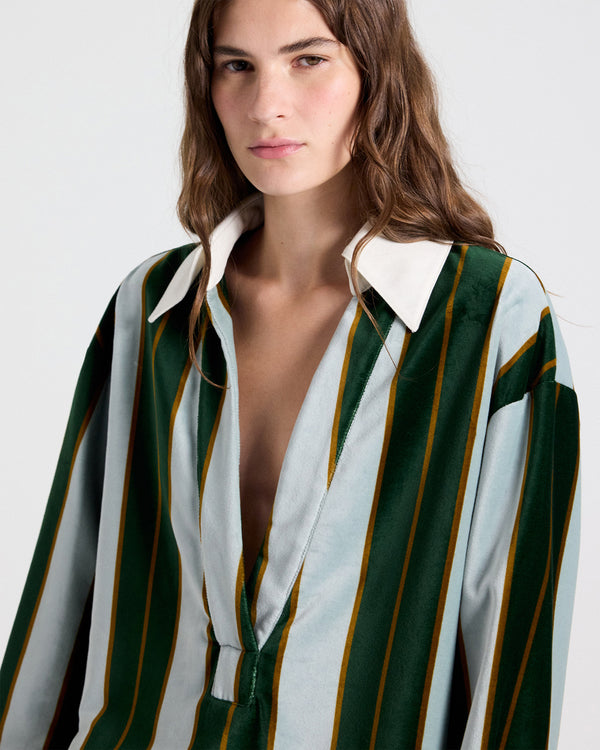 TWP Ancient water / green A Case of You Combo Shirt in Regency Stripe Cotton Velvet view 2