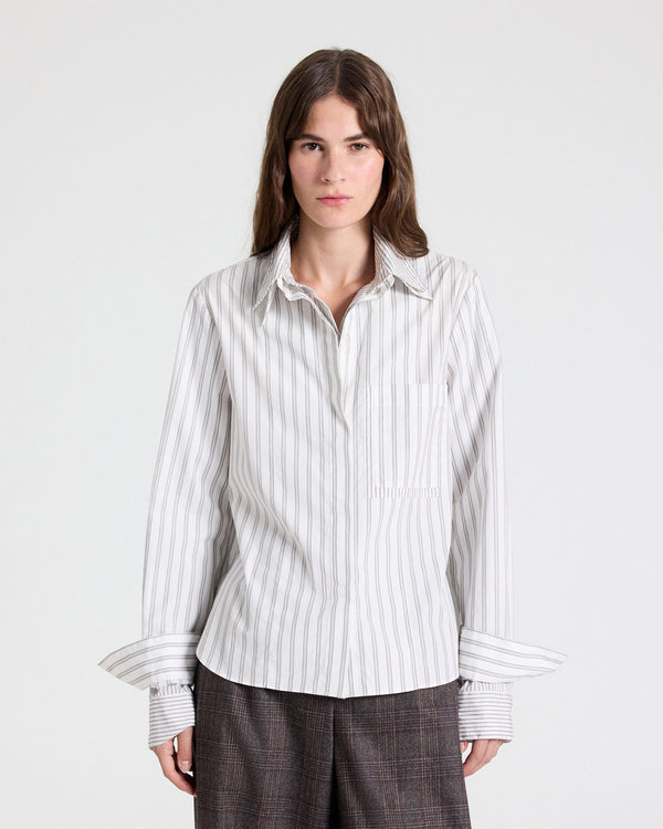 TWP Turkish coffee / ivory Double Layer Boyfriend Shirt in Cotton Stripes view 2