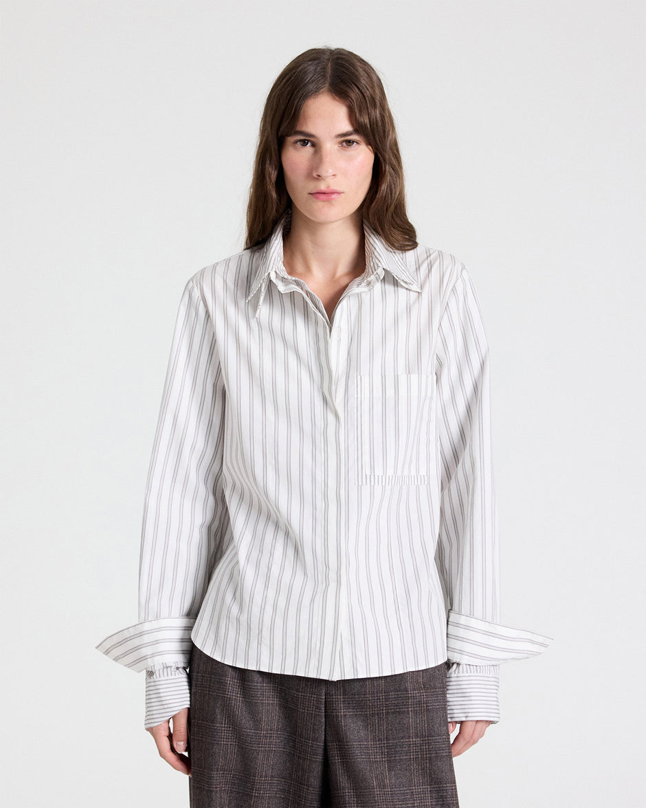 TWP Turkish coffee / ivory Double Layer Boyfriend Shirt in Cotton Stripes view 2