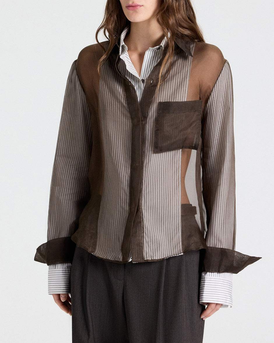 TWP White / turkish coffee Double Layer Boyfriend Shirt in Silk Organza view 2