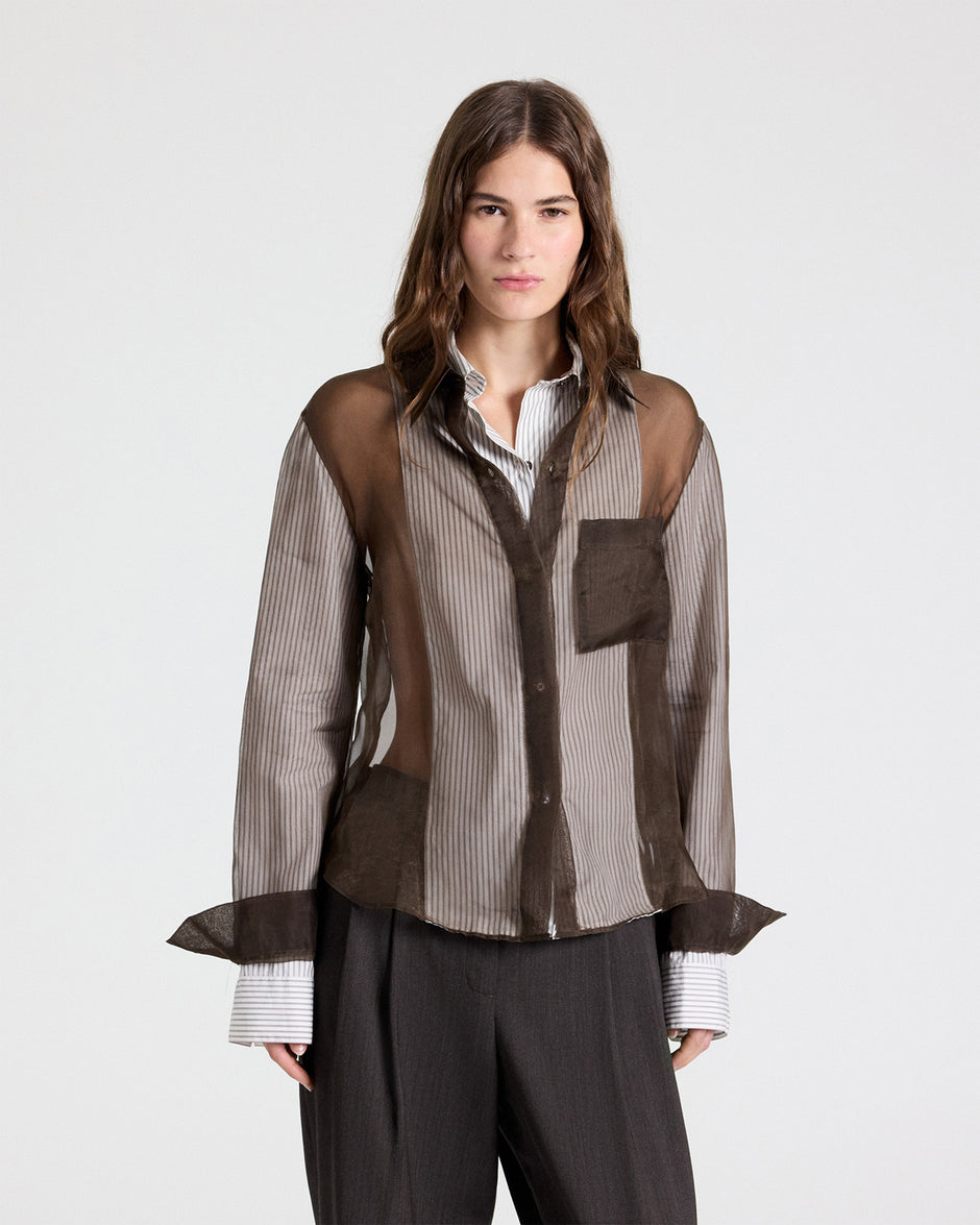 TWP White / turkish coffee Double Layer Boyfriend Shirt in Silk Organza view 1