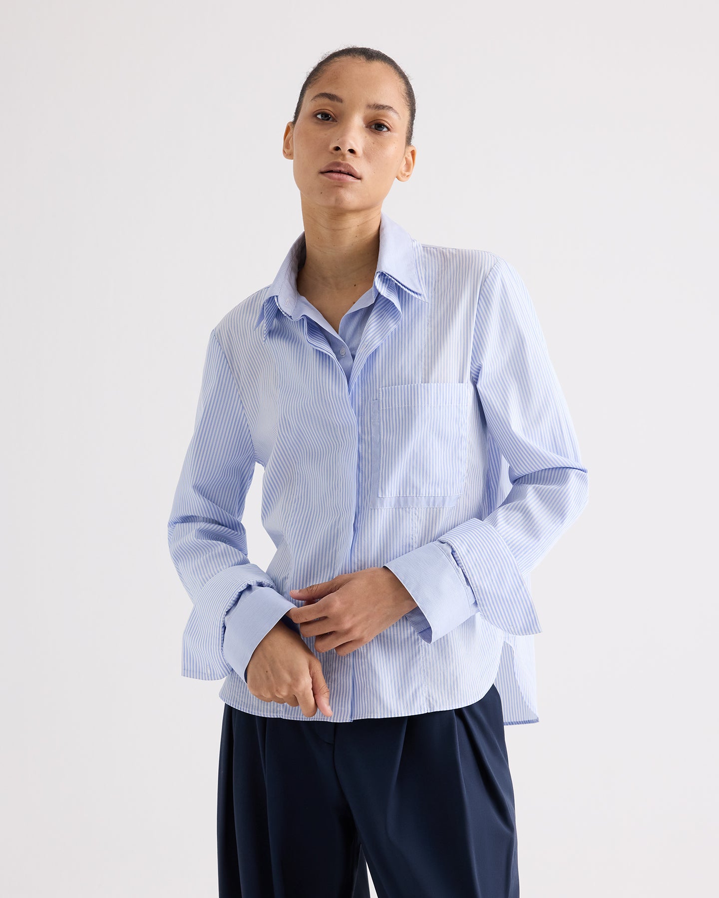 TWP White / blue Double Layer Boyfriend Shirt in Mini Banker Stripe view 1