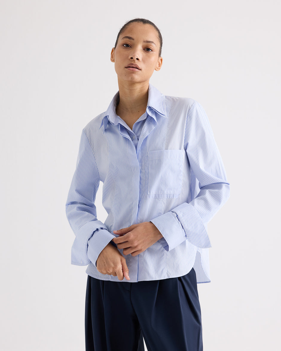 TWP White / blue Double Layer Boyfriend Shirt in Mini Banker Stripe view 1