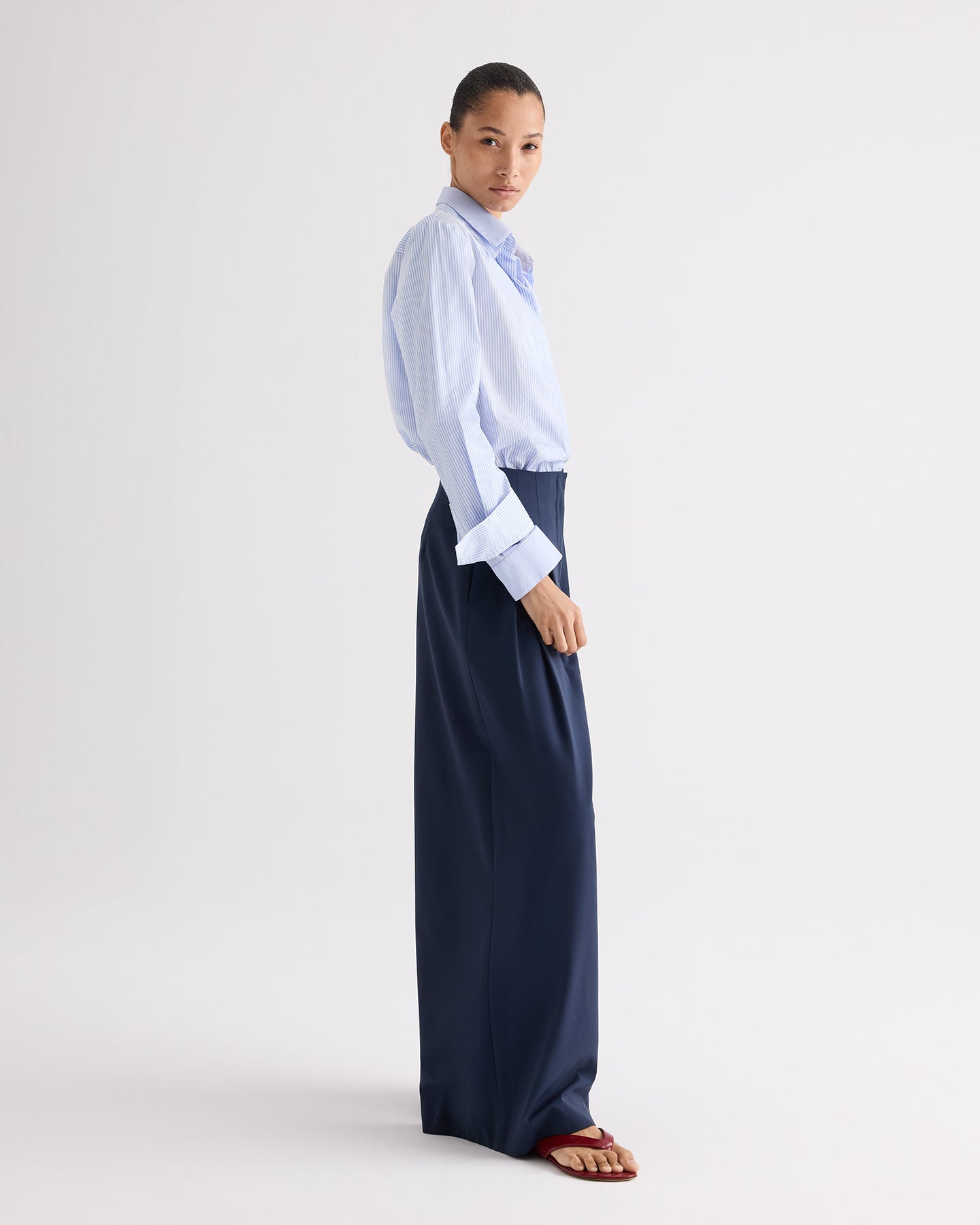 TWP White / blue Double Layer Boyfriend Shirt in Mini Banker Stripe view 4
