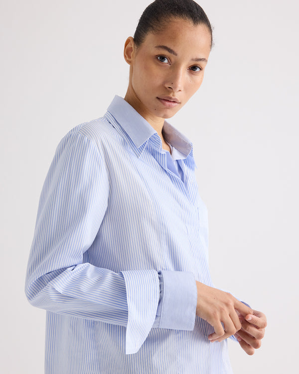 TWP White / blue Double Layer Boyfriend Shirt in Mini Banker Stripe view 2