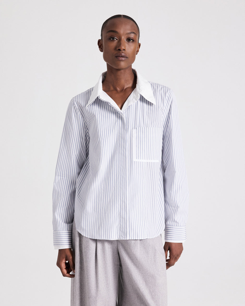 TWP White / navy Double Layer Boyfriend Shirt in Double Stripe Shirting view 3