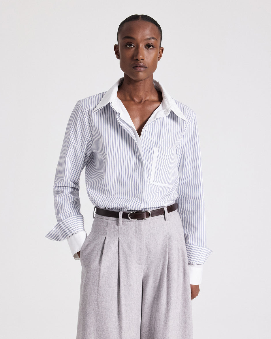 TWP White / navy Double Layer Boyfriend Shirt in Double Stripe Shirting view 1