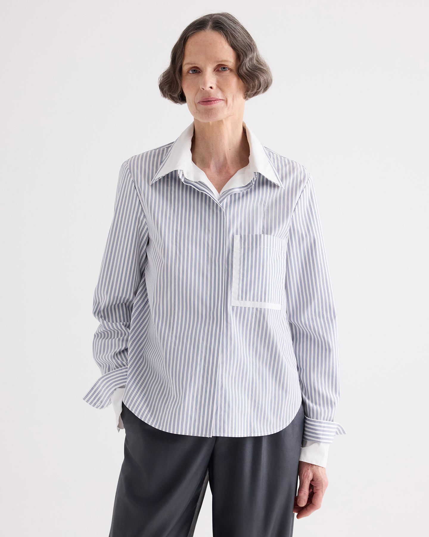 TWP White / navy Double Layer Boyfriend Shirt in Double Stripe Shirting view 1