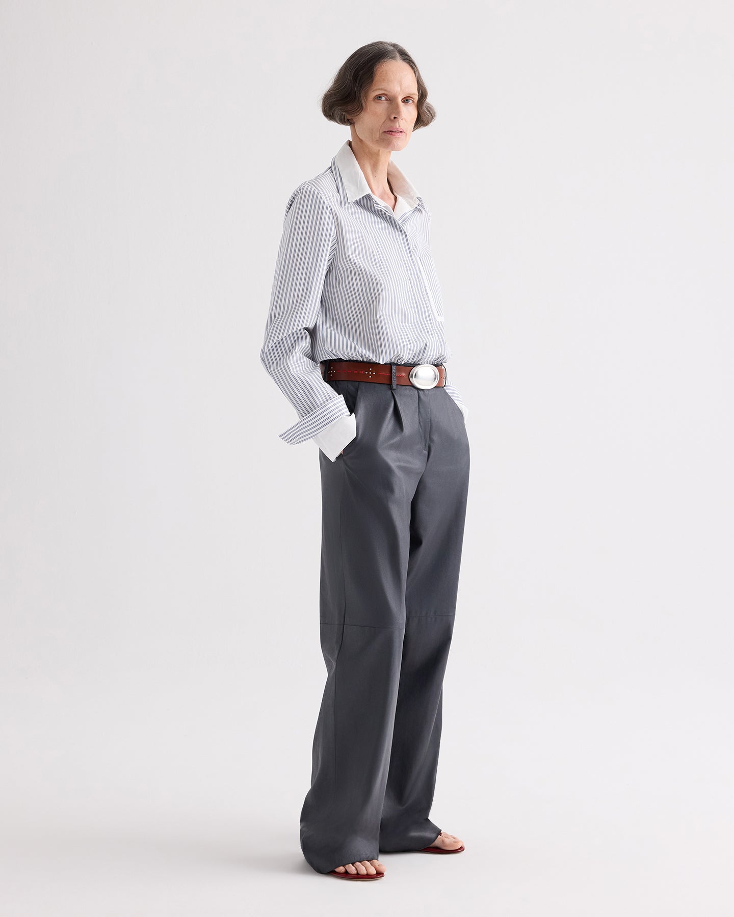 TWP White / navy Double Layer Boyfriend Shirt in Double Stripe Shirting view 3