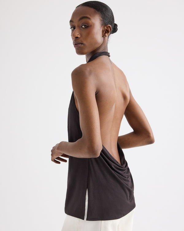 TWP Dark chocolate Flowy Halter Top in Sheer Viscose Crepe view 1