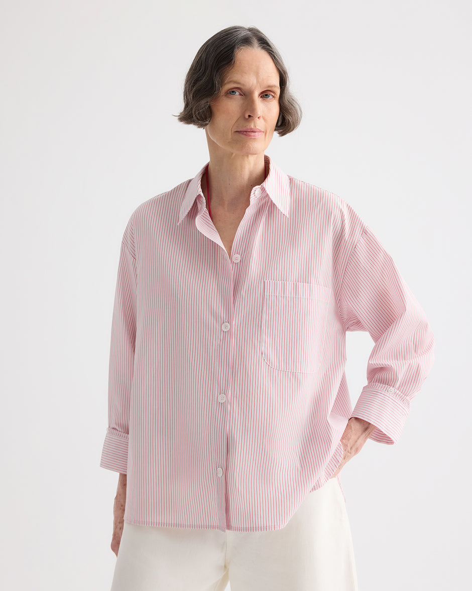 TWP White / red Newest Earl Shirt in Cotton Stripes view 2