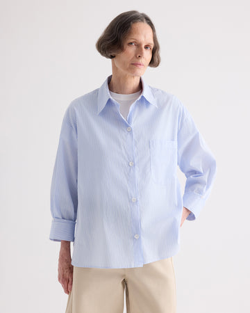TWP White / blue Newest Earl Shirt in Mini Banker Stripe view 2